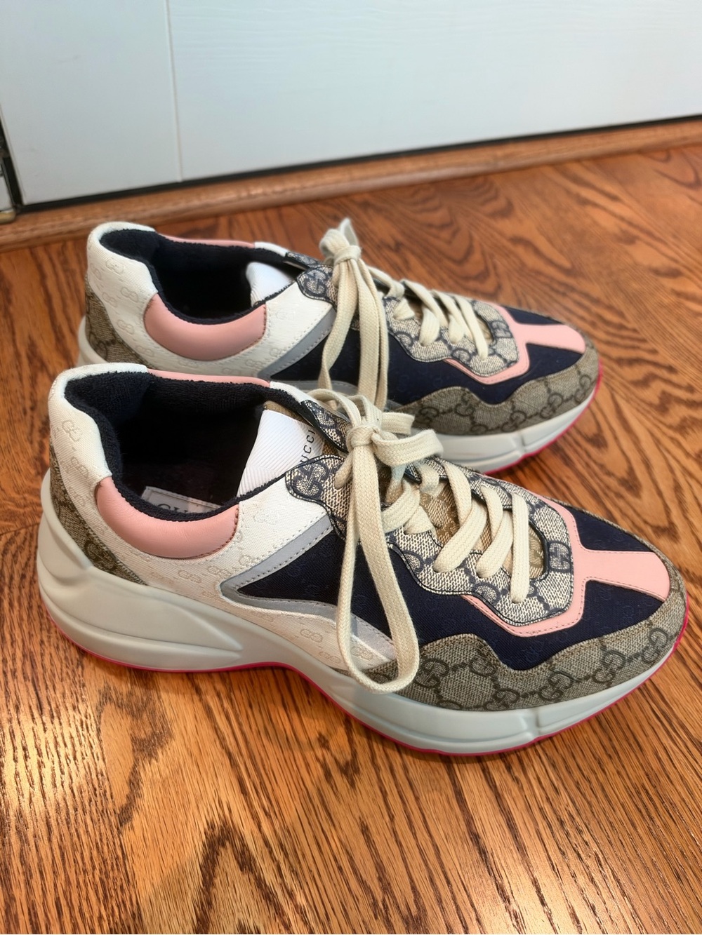 Gucci Beige GG Canvas Sneakers with Pink & Navy Accents